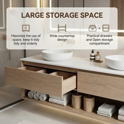 60“-96”Modern Floating Bathroom Vanity with Open Shelf & Gold Hardware
