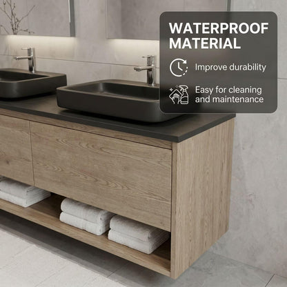 60"-96"Modern Oak Floating Bathroom Vanity with Double Black Vessel Sinks & Open Shelves
