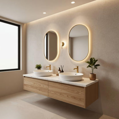 60"-84"Natural Oak Wall-Mounted Vanity with Marble Top & Soft-Close Storage Drawers