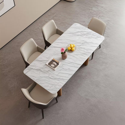 60"-80"Modern White Marble Dining Table Set with 4 Upholstered Chairs, Wood Legs