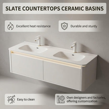 60"-84"Wall Mounted White Bathroom Vanity with Double Sinks & Soft-Close Cabinet Storage