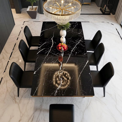 56"-96"Modern Black Marble Dining Table with Gold Accent & Sturdy Base for Large Family Meals