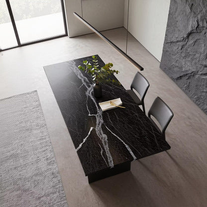 60"-80"Modern Black Stone Dining Table, Rectangular Marble Table with Sleek Metal Legs