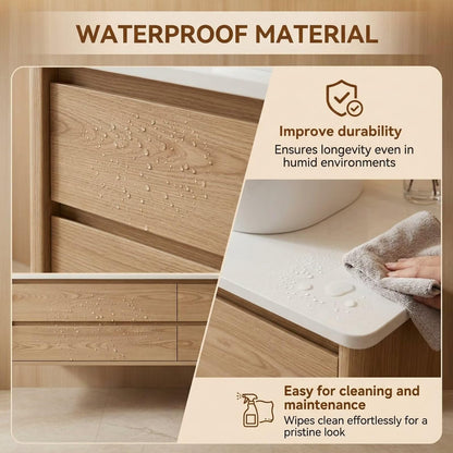 60"-84"Light Oak Floating Bathroom Vanity Set with Gold Mirrors & Handles