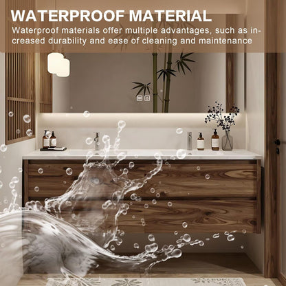 60”-84”Floating Double Sink Bathroom Vanity with LED Backlit Mirror, Wall Mounted Walnut Wood Vanity with Marble Top & Storage Drawers
