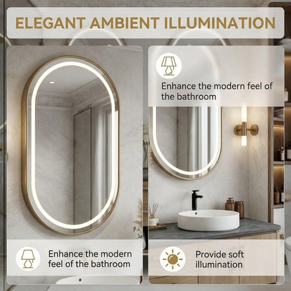 60”-96”Oak Floating Double Sink Vanity with LED Oval Mirrors & Open Storage