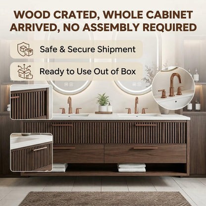 60"-96"Walnut Fluted Bathroom Vanity with Double Sinks & LED Gold Oval Mirrors