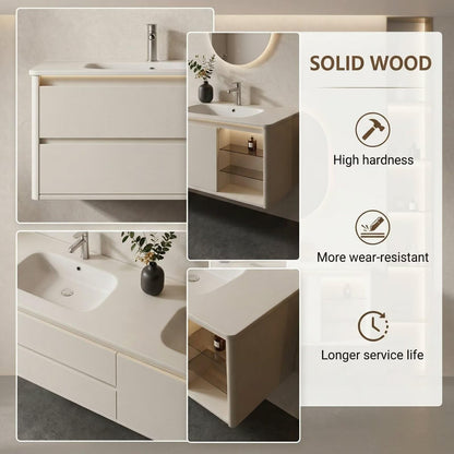 60"-84"Wall Mounted White Bathroom Vanity with Double Sinks & Open Shelf Storage