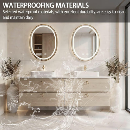 60”-84”Double Sink Floating Bathroom Vanity with LED Round Mirrors, Light Wood Cabinet & Gold Hardware