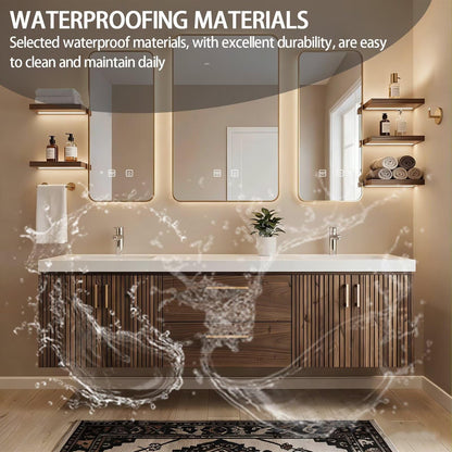 60"-84"Ribbed Wood Floating Bathroom Vanity with Double Sinks & Gold Framed LED Mirrors