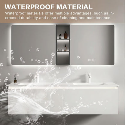 60”-84” Double Sink Floating Bathroom Vanity with LED Mirrors & Open Shelf, Wall Mounted White Vanity with Integrated Top