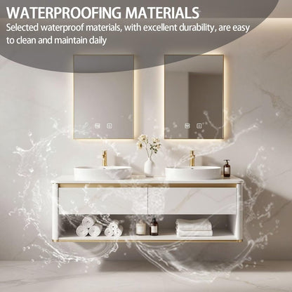 60"-84"Wall Mounted Bathroom Vanity with Double Sinks & Open Towel Shelf
