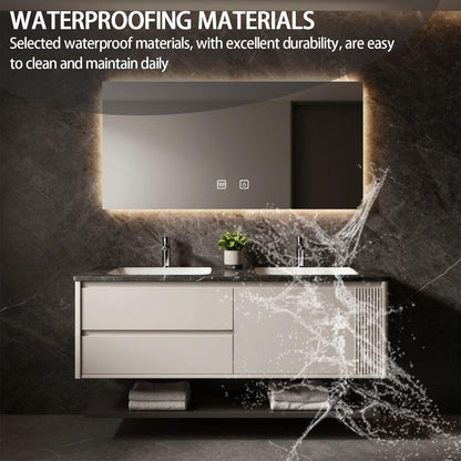 60”-84” Double Floating Vanity, Light Beige Cabinet with LED Backlit Mirror