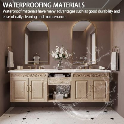 60”-84”Double Sink Floating Bathroom Vanity with Gold Arch Mirrors, Light Oak Carved Cabinet