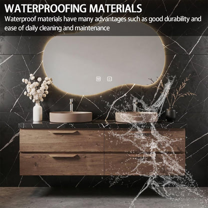 60"-84"Floating Wood Bathroom Vanity with Double Vessel Sinks & Irregular LED Mirror