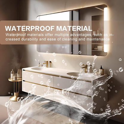 60”-84”Double Sink Floating Bathroom Vanity with LED Backlit Mirror, White Gold Cabinet