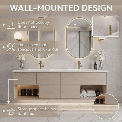 60”-96”Modern Wall-Mounted Vanity with Open LED Shelf & Marble-Look TopModern Wall-Mounted Vanity with Open LED Shelf & Marble-Look TopModern Wall-Mounted Vanity with Open LED Shelf & Marble-Look Top