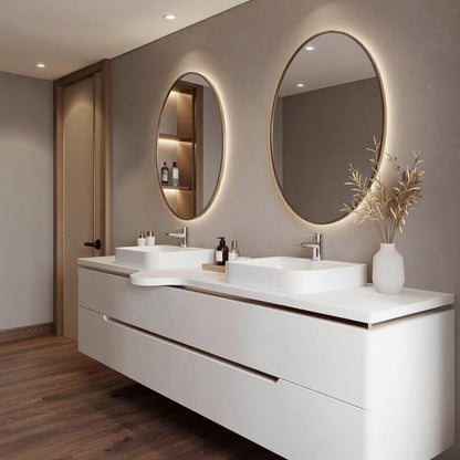 60”-96”Modern White Floating Bathroom Vanity with Double Oval LED Mirrors & Wave Countertop