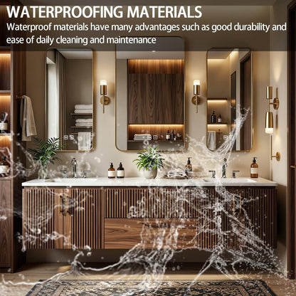 60”-84”Double Sink Floating Bathroom Vanity with Gold Mirrors, Walnut Fluted Wood Cabinet