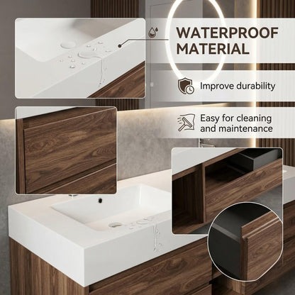 60"-84"Dark Walnut Floating Bathroom Vanity Set with LED Mirror & Open Shelves