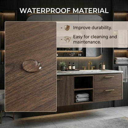 60"-96"Walnut Floating Bathroom Vanity with Marble Top & LED Framed Mirror