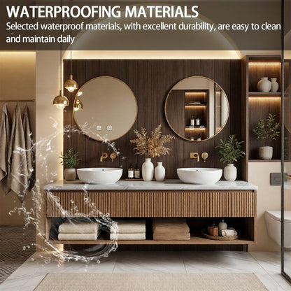 60"-84"Floating Oak Bathroom Vanity with Double Vessel Sinks & LED Round Mirrors