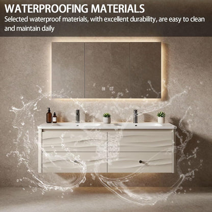 60”-84”Double Sink Floating Bathroom Vanity with LED Mirror Cabinet, White Textured Cabinet
