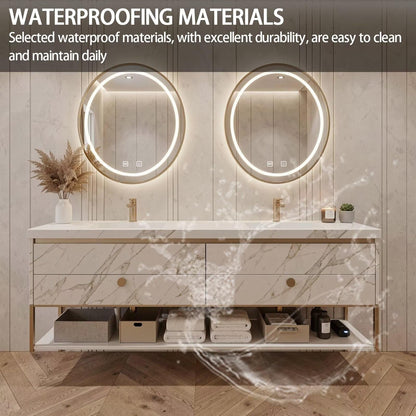 60"-84"Freestanding Marble Bathroom Vanity with Double Sinks & LED Round Mirrors