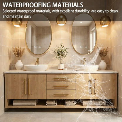 60”-84”Double Sink Floating Bathroom Vanity with Gold Oval Mirrors, Light Wood Cabinet & Gold Hardware