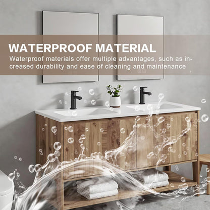 60”-84”Double Sink Freestanding Bathroom Vanity, Solid Teak Cabinet with Open Shelf & LED Mirrors