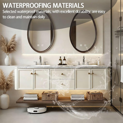 60”-84” Double Sink Floating Vanity with Oval LED Mirrors, Cream Cabinet & Marble Top