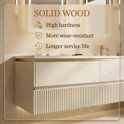 60"-96"Modern Wall-Mounted Vanity with Double Sinks & Gold Trim