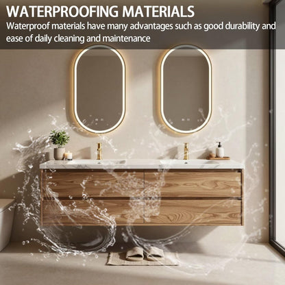 60"-84"Floating Oak Bathroom Vanity with Double Sinks & Oval LED Backlit Mirrors