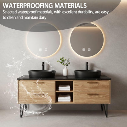 60”-84”Double Vanity, Light Wood Cabinet with Backlit LED Mirrors