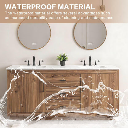 60”-84”Double Sink Freestanding Bathroom Vanity with 2 Round LED Mirrors, Walnut Wood Vanity with Marble Top & Black Hardware