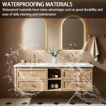 60”-84”Double Sink Floating Bathroom Vanity with Gold Arch LED Mirrors, Light Oak Cabinet