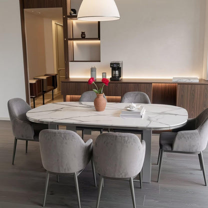 56"-96"Modern Oval White Marble Dining Table, Glossy Top Rectangular Rounded Kitchen Table