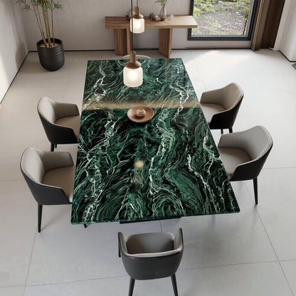 56"-96"Modern Emerald Green Marble Dining Table, Large Kitchen Table with Sturdy Pedestal Base