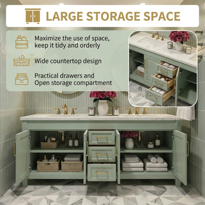 60”-96”Double Sink Bathroom Vanity with Gold Round Mirrors, Sage Green Cabinet & Marble Top