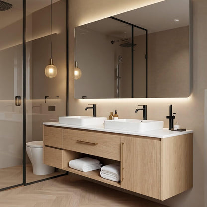 60”-96” Light Wood Floating Bathroom Vanity with Double Sinks & LED Backlit Mirror