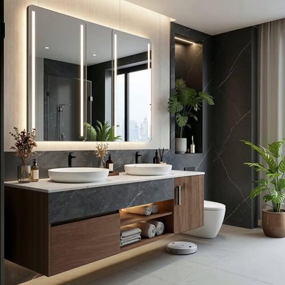 60”-96”Modern Floating Bathroom Vanity with Marble Top, LED Open Shelf & Smart Mirror