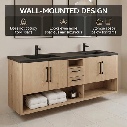 60"-96"Light Oak Bathroom Vanity with Black Countertop, Double Sinks & LED Mirrors