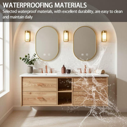 60”-84”Double Floating Vanity, Light Wood Cabinet with Gold Oval LED Mirrors