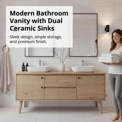 60"-96"Modern Scandinavian Bathroom Vanity with Double Sinks & Oak Cabinet