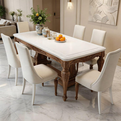 60"-80"Elegant Farmhouse Dining Table with Carved Wood Base & 6 Linen Chairs, for Dining Room