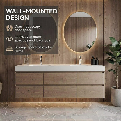 60”-96” Light Oak Floating Bathroom Vanity with Double Sinks & LED Round Mirrors