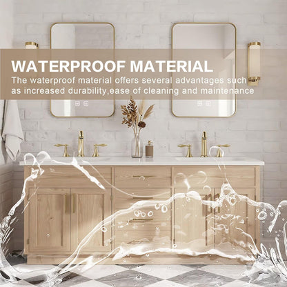 60”-96” Double Sink Freestanding Bathroom Vanity with 2 Gold LED Mirrors, Light Oak Wood Vanity with White Marble Top