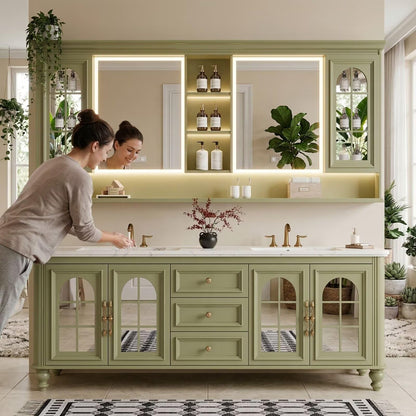 60”-96”Traditional Sage Green Bathroom Vanity with Double Sinks & Glass Door Storage