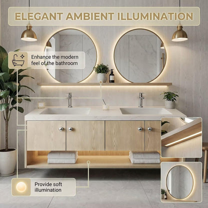 60"-96"Light Oak Floating Bathroom Vanity with Double Sinks & LED Mirrors