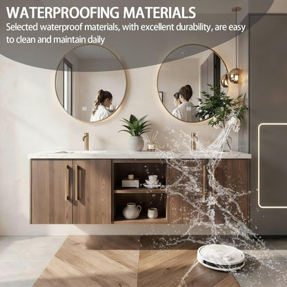 60"-84"Modern Walnut Floating Bathroom Vanity Set with Marble Top & Gold Handles